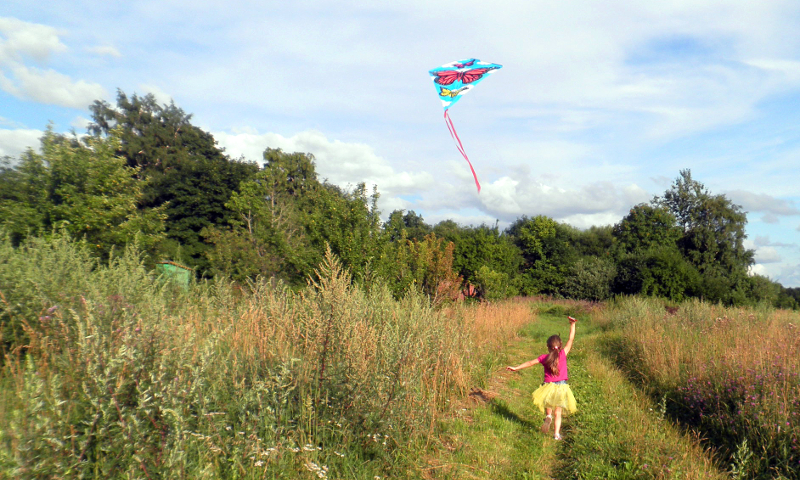 A girl flying a kite in the countryside on a summer day (CC BY-SA 4.0 by Wikimedia user)