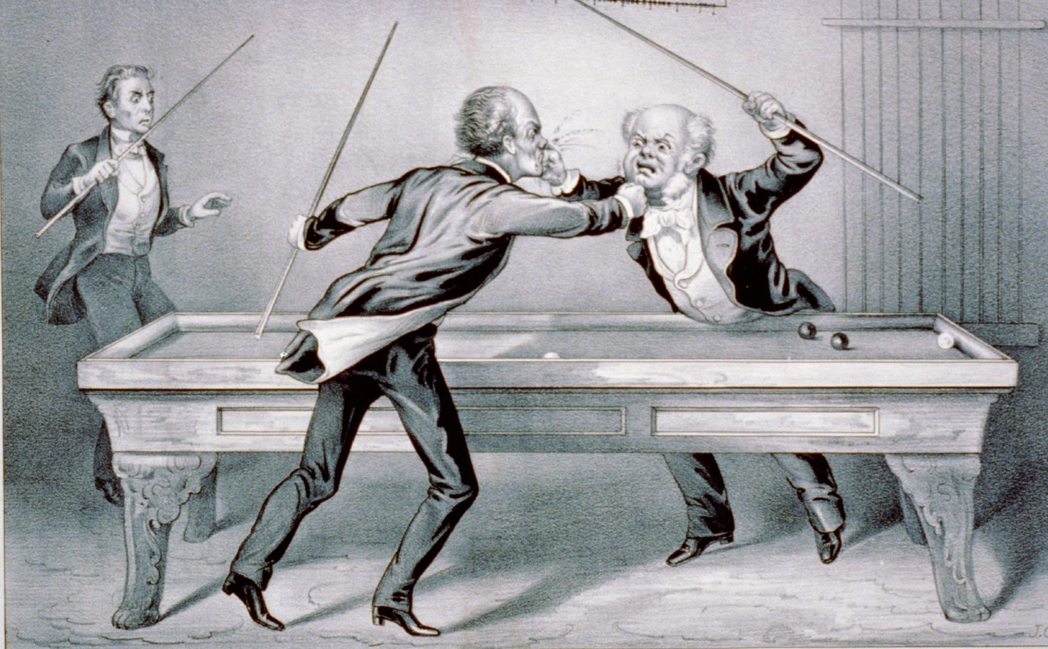 Two men fighting over a pool table.a