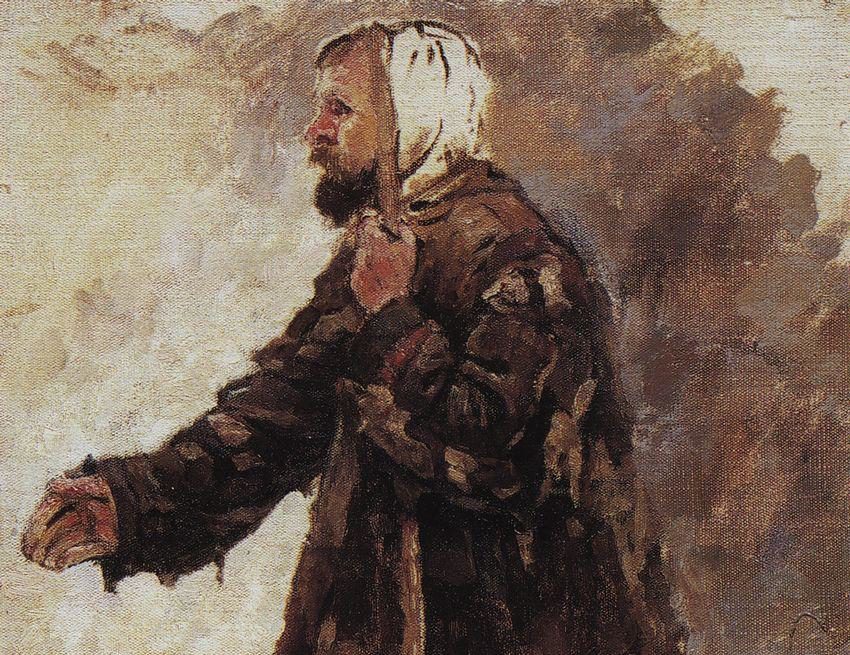 Painting of a kneeling beggar