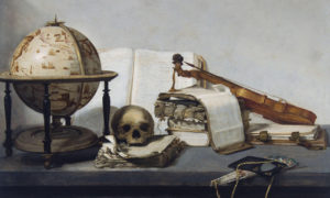 Jan Davidszoon de Heem, Vanitas Still life with Books, a Globe, a Skull, a Violin and a Fan