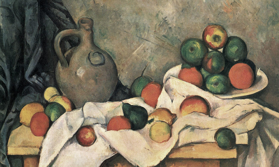 Paul Cézanne, Stilleben, Draperie, Krug und Obstschale